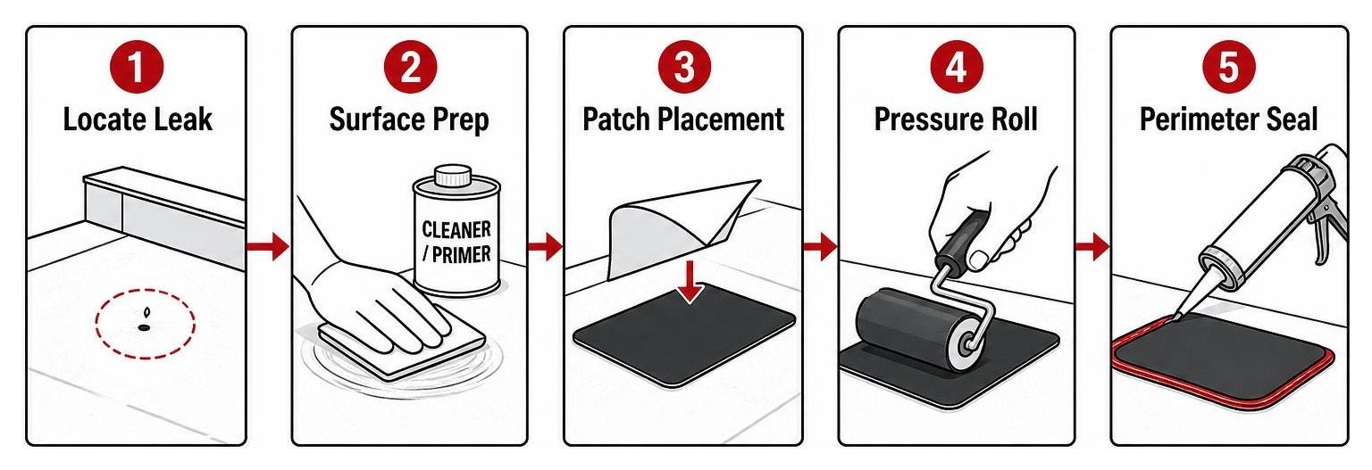 EPDM repair process flow: locate leak, surface prep, patch placement, pressure roll, perimeter seal EPDM repair process flow: locate leak, surface prep, patch placement, pressure roll, perimeter seal