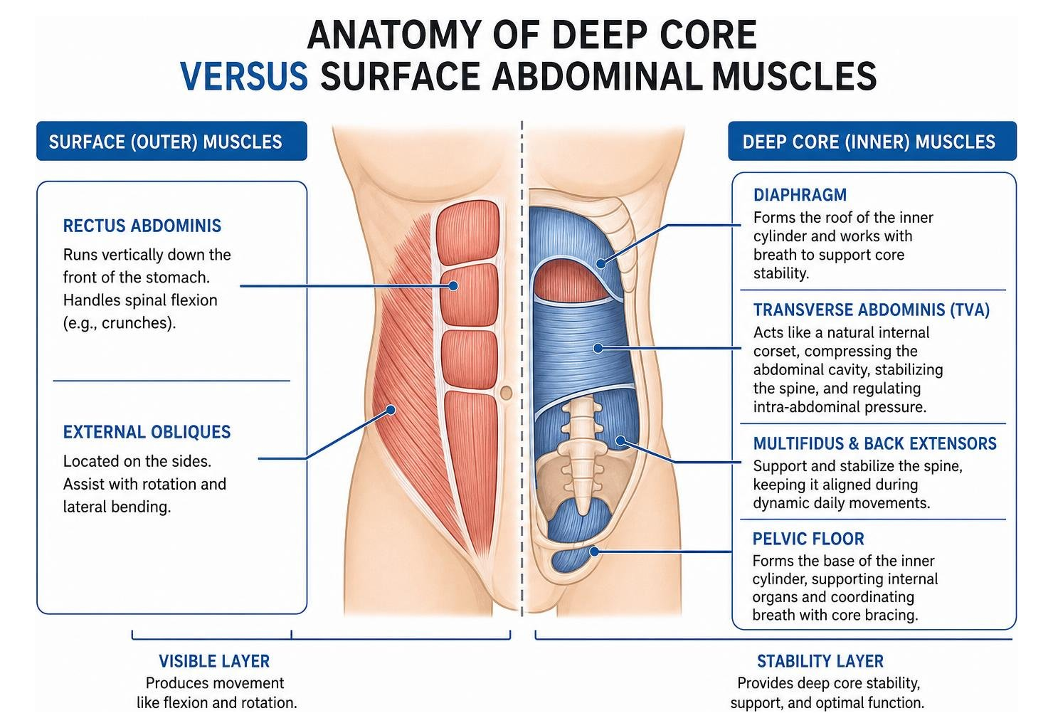 Anatomy of deep core versus surface abdominal muscles Anatomy of deep core versus surface abdominal muscles