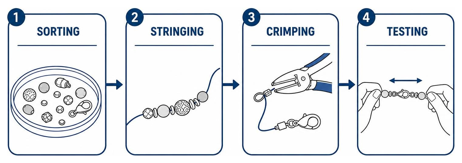 Restringing workflow diagram showing sorting, stringing, crimping, and testing Restringing workflow diagram showing sorting, stringing, crimping, and testing