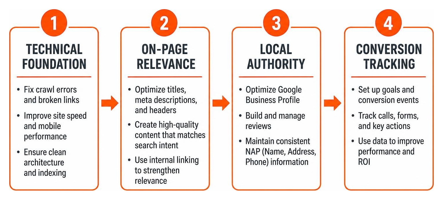 SEO growth framework: Technical Foundation, On-Page Relevance, Local Authority, Conversion Tracking SEO growth framework: Technical Foundation, On-Page Relevance, Local Authority, Conversion Tracking