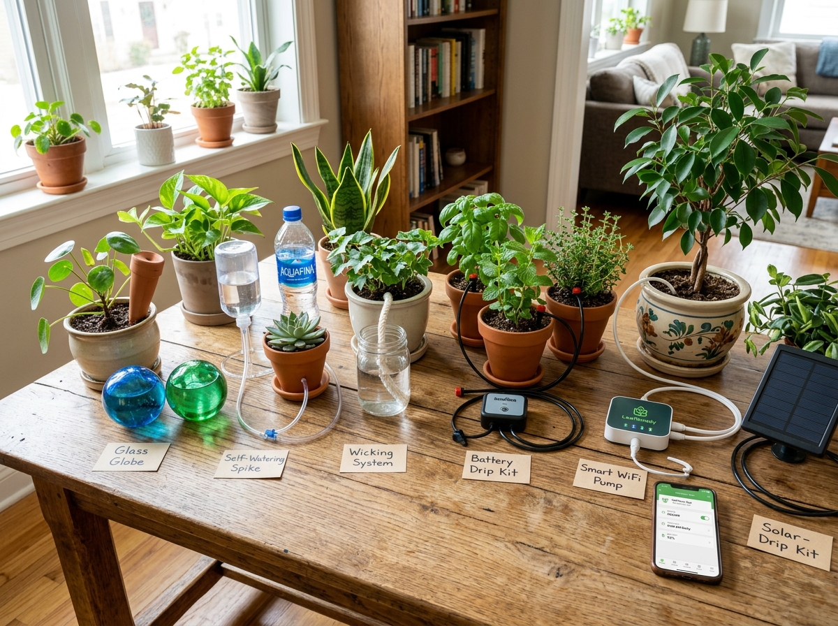 Various indoor watering devices from spikes to smart pumps - automatic watering system for indoor potted plants