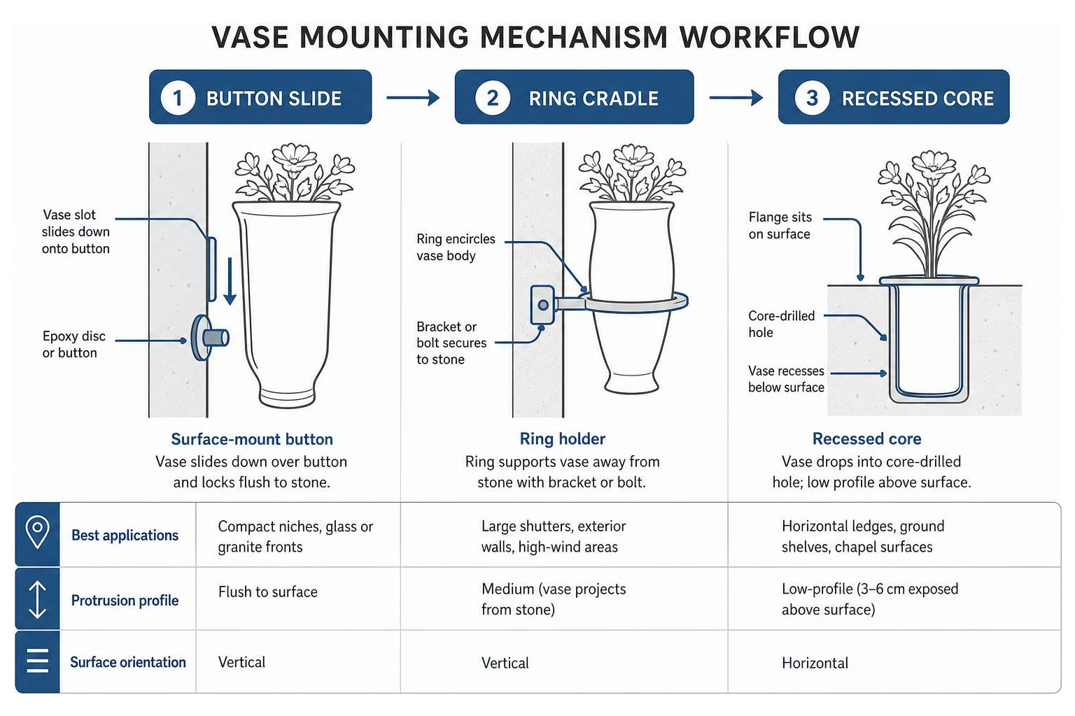 Vase mounting mechanism workflow: button slide vs ring cradle vs recessed core