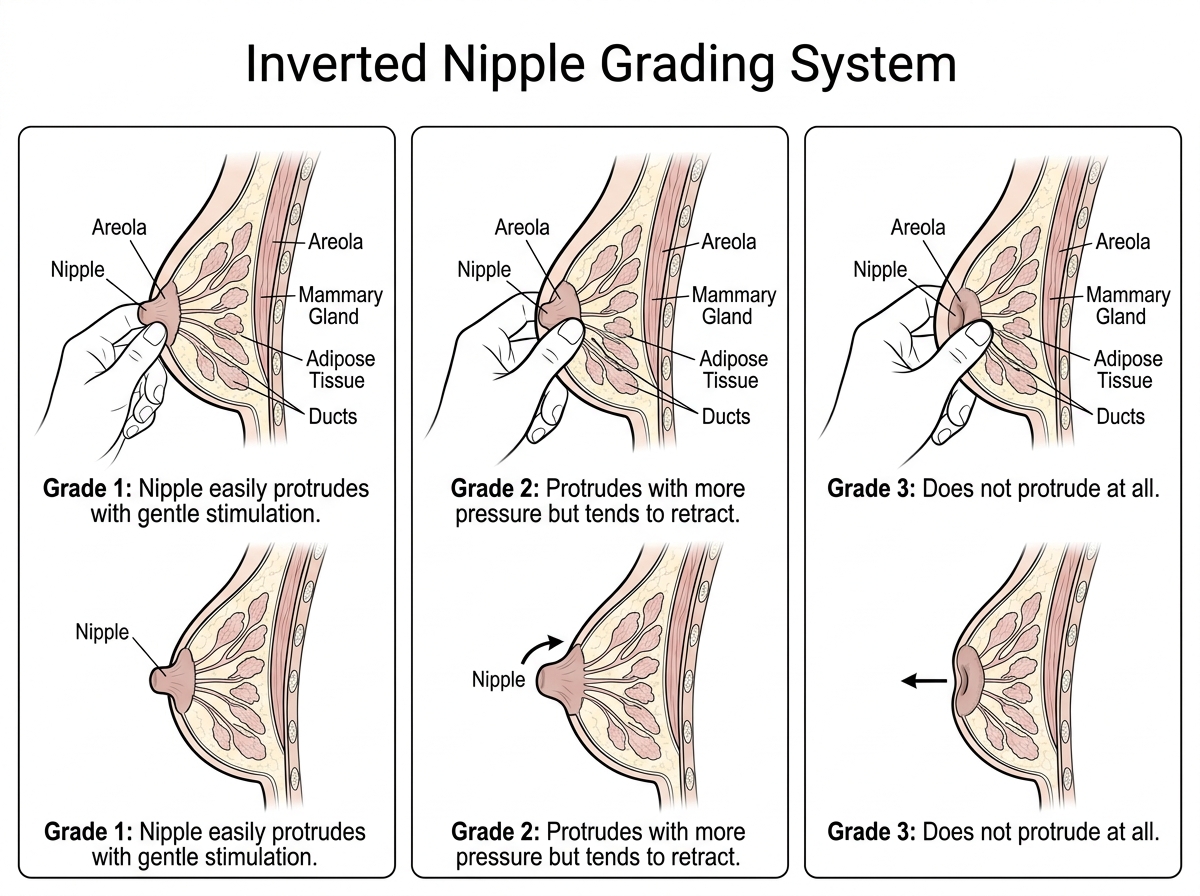 Illustration of inverted nipple grading system from Grade 1 to Grade 3 - inverted nipple meaning