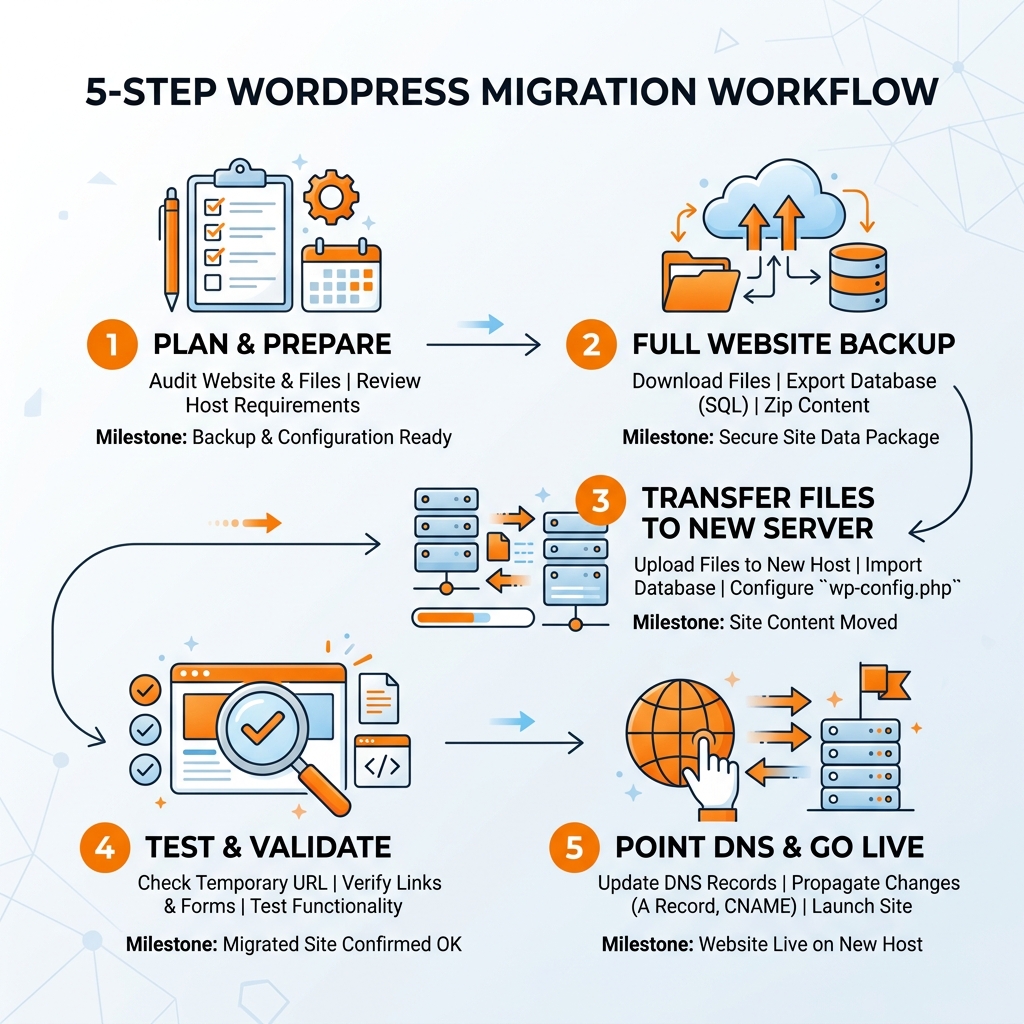 5-step WordPress migration workflow infographic from old host to new server with key milestones - wordpress migration 5-step WordPress migration workflow infographic from old host to new server with key milestones - wordpress migration
