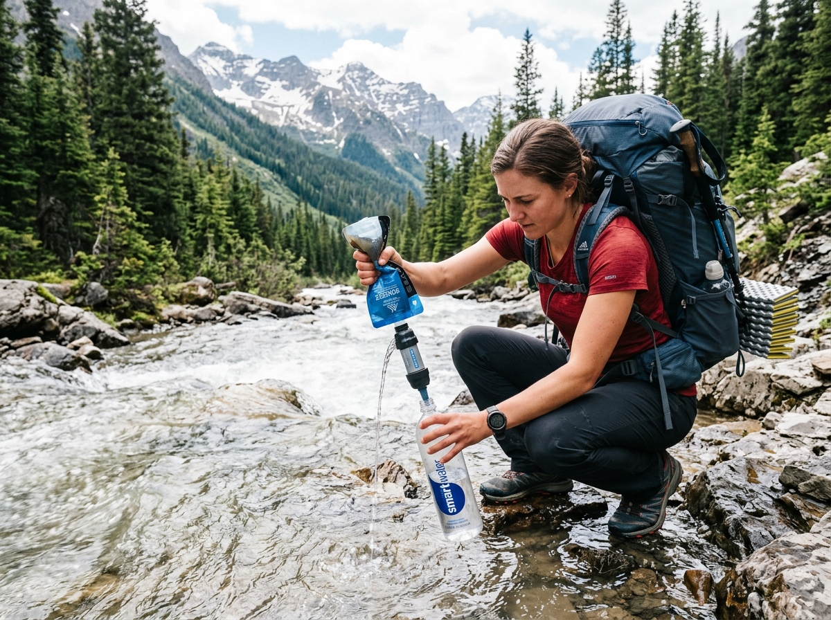Image of a hollow-fiber membrane filter being used to squeeze water into a bottle - best water purifier backpacking Image of a hollow-fiber membrane filter being used to squeeze water into a bottle - best water purifier backpacking