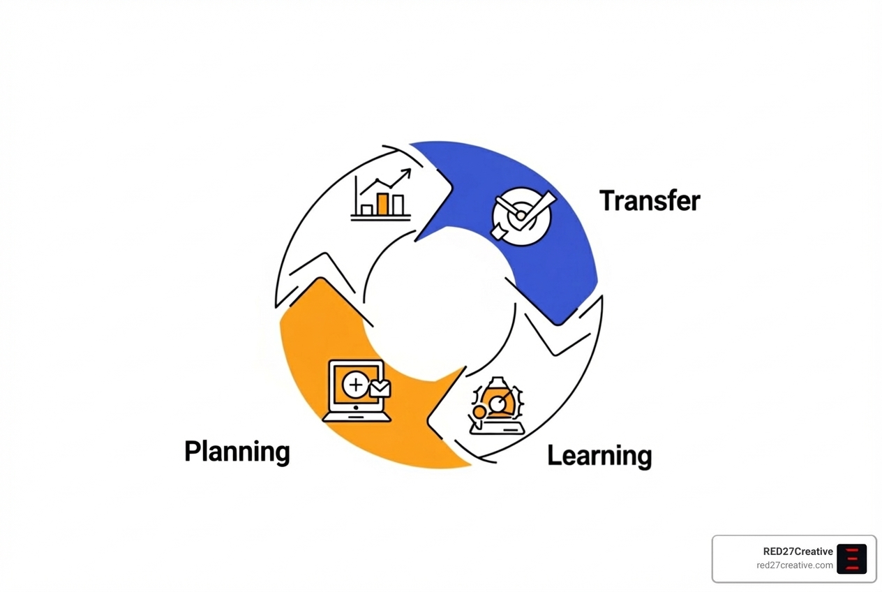 Cyclical diagram showing Plan, Build, Learn, Transfer phases. - Growth focused web design Cyclical diagram showing Plan, Build, Learn, Transfer phases. - Growth focused web design