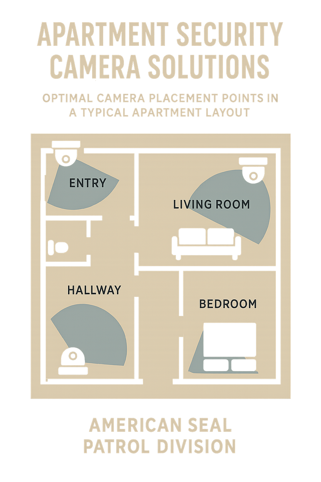 Infographic showing optimal camera placement points in a typical apartment layout with coverage zones highlighted - apartment security camera solutions infographic 