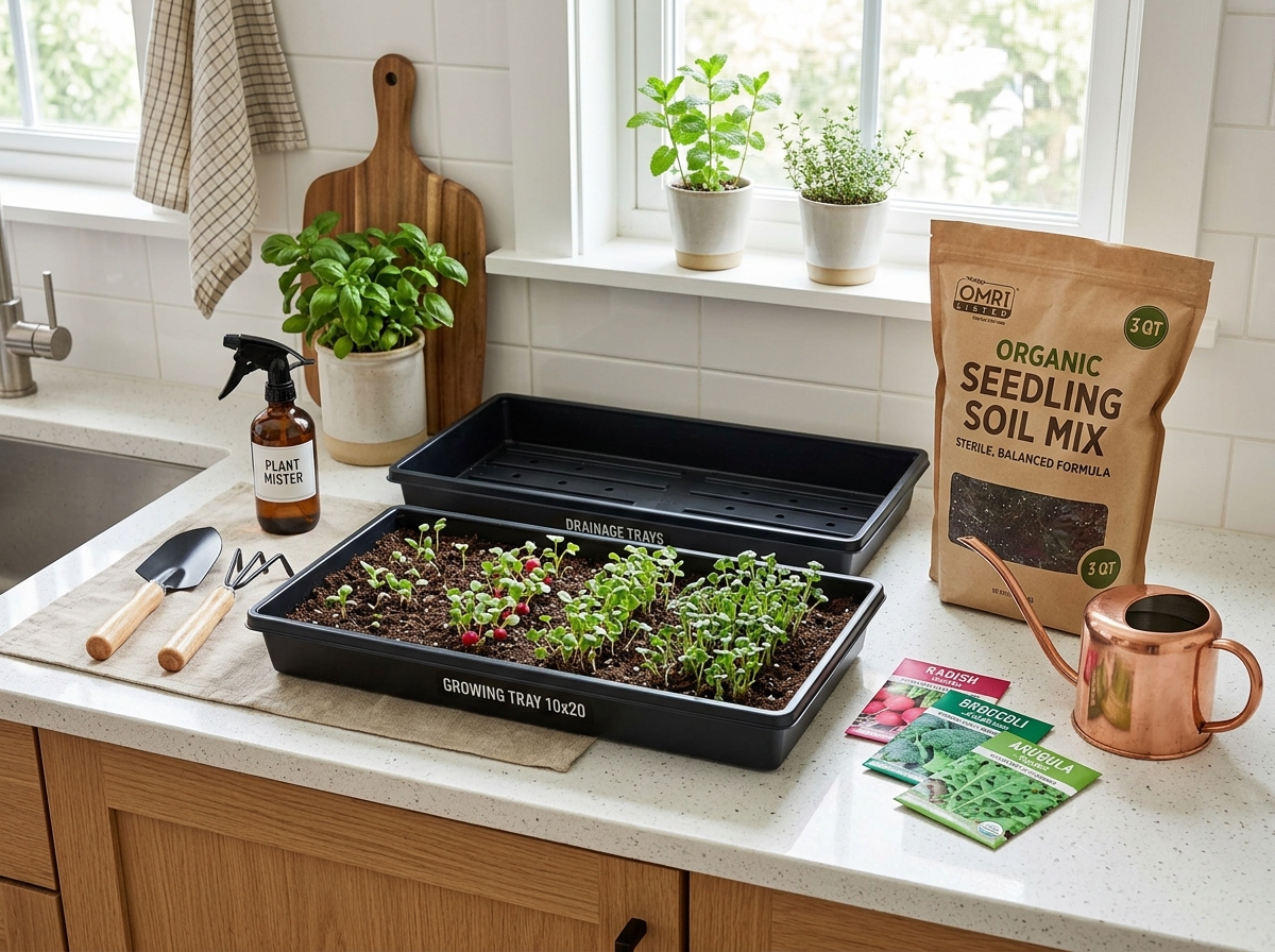 essential gardening tools and trays for indoor microgreens - how to grow microgreens inside