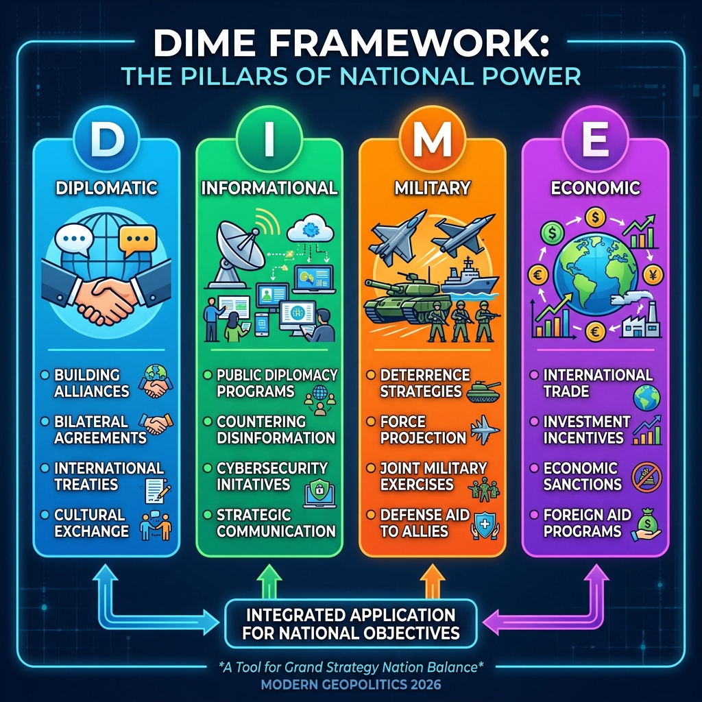 Infographic showing DIME framework: Diplomatic, Informational, Military, Economic pillars of national power with examples