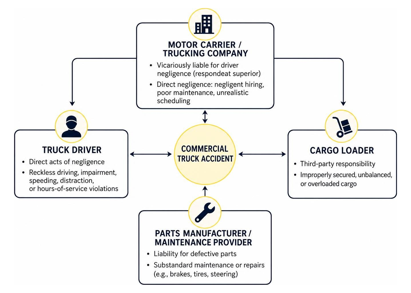 Diagram of commercial trucking liability: driver, motor carrier, cargo loader, and parts manufacturer