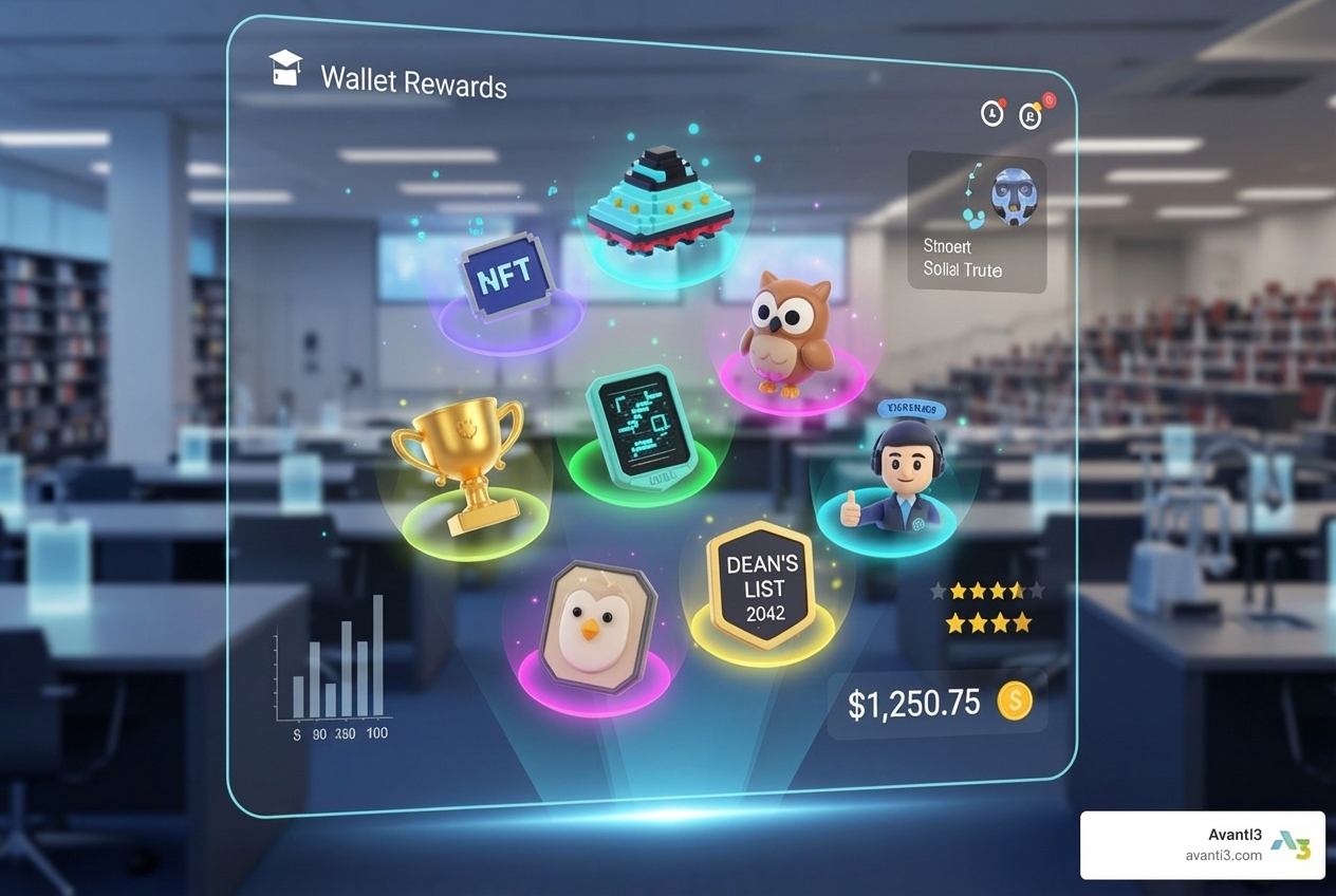 futuristic interface showing a student's digital wallet with NFT rewards and AR experiences - digital incentives for students