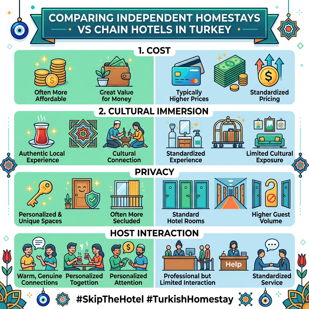 Infographic comparing independent homestays vs chain hotels in Turkey: cost, cultural immersion, privacy, and host