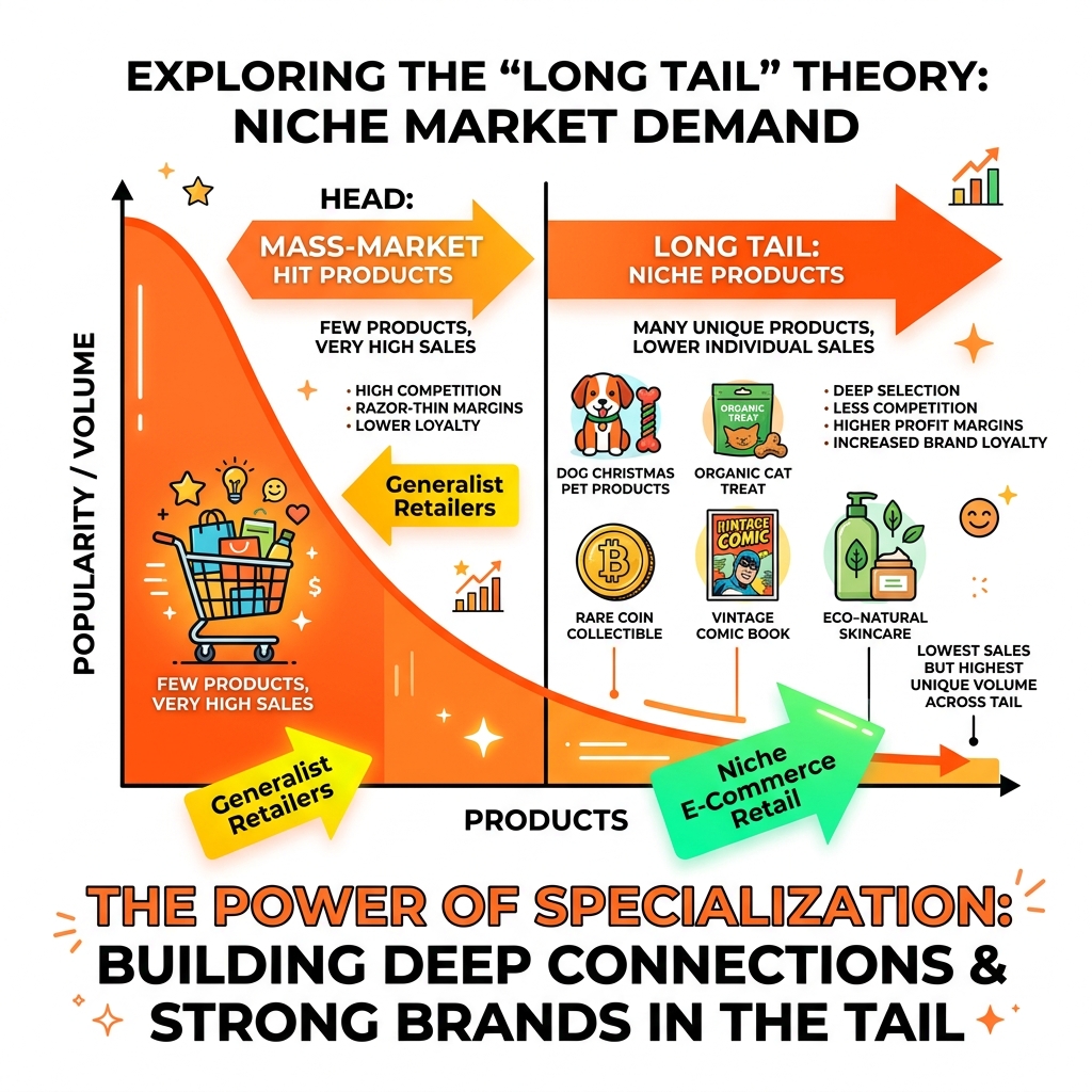 Infographic explaining the "Long Tail" theory of niche market demand - niche e-commerce retail infographic