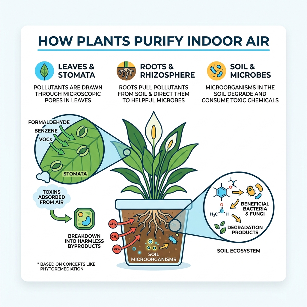 Infographic showing how plants filter indoor air toxins through leaves, roots, and soil - best plants purify air infographic 
