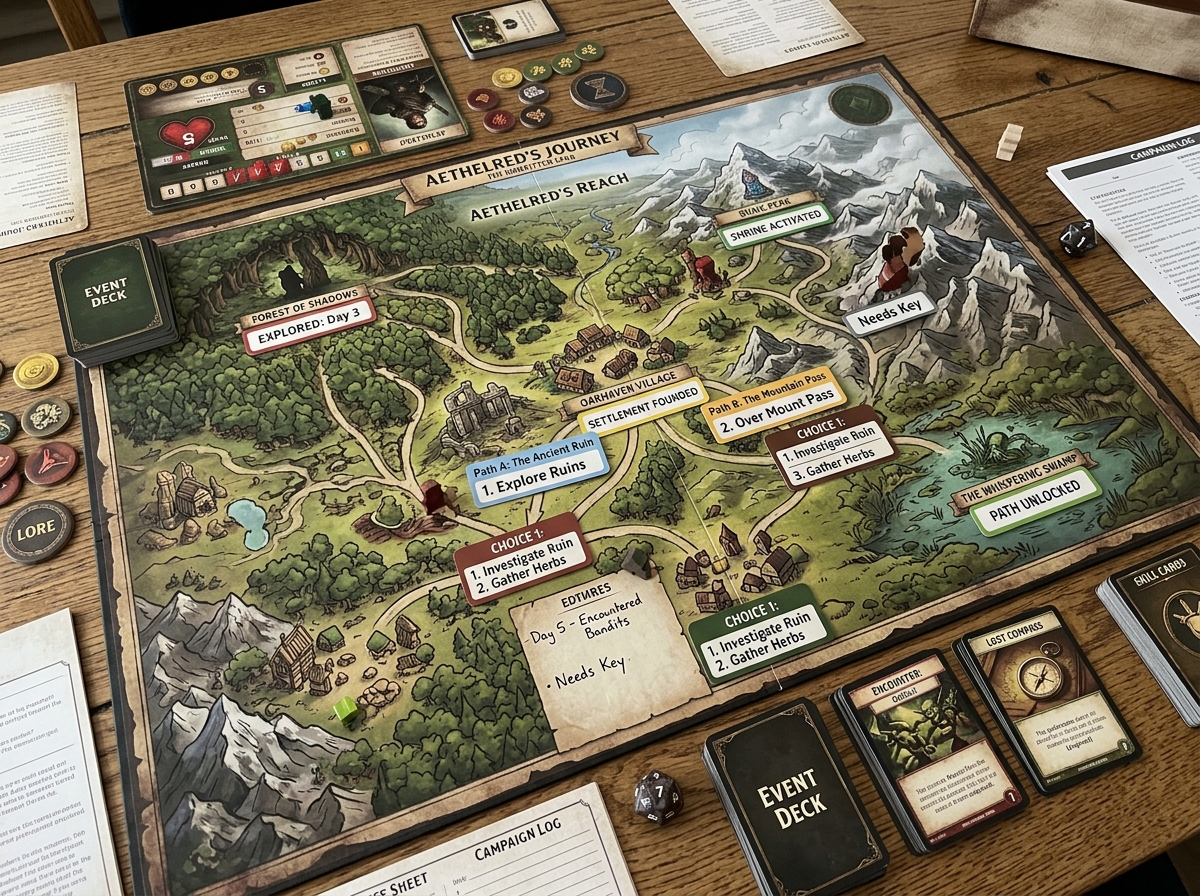 a campaign map showing branching paths and stickers for legacy progression - solo campaign board games