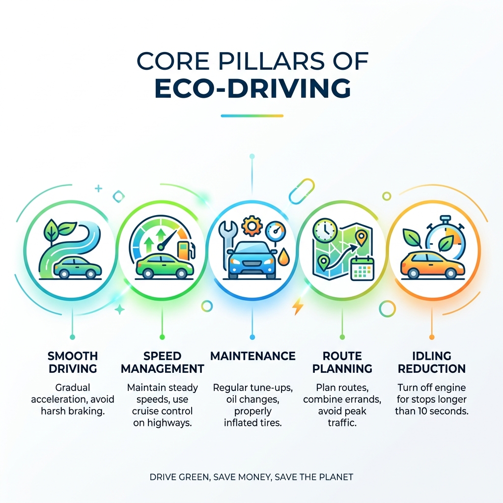Core pillars of eco-driving: smooth driving, speed management, maintenance, route planning, idling reduction - eco friendly