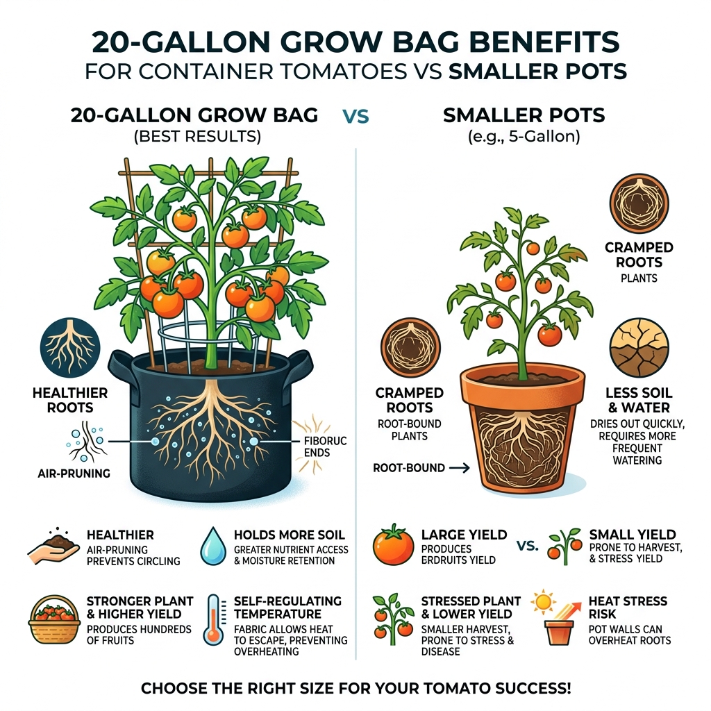 20-gallon grow bag benefits for container tomatoes vs smaller pots infographic - grow tomatoes in pots infographic 20-gallon grow bag benefits for container tomatoes vs smaller pots infographic - grow tomatoes in pots infographic