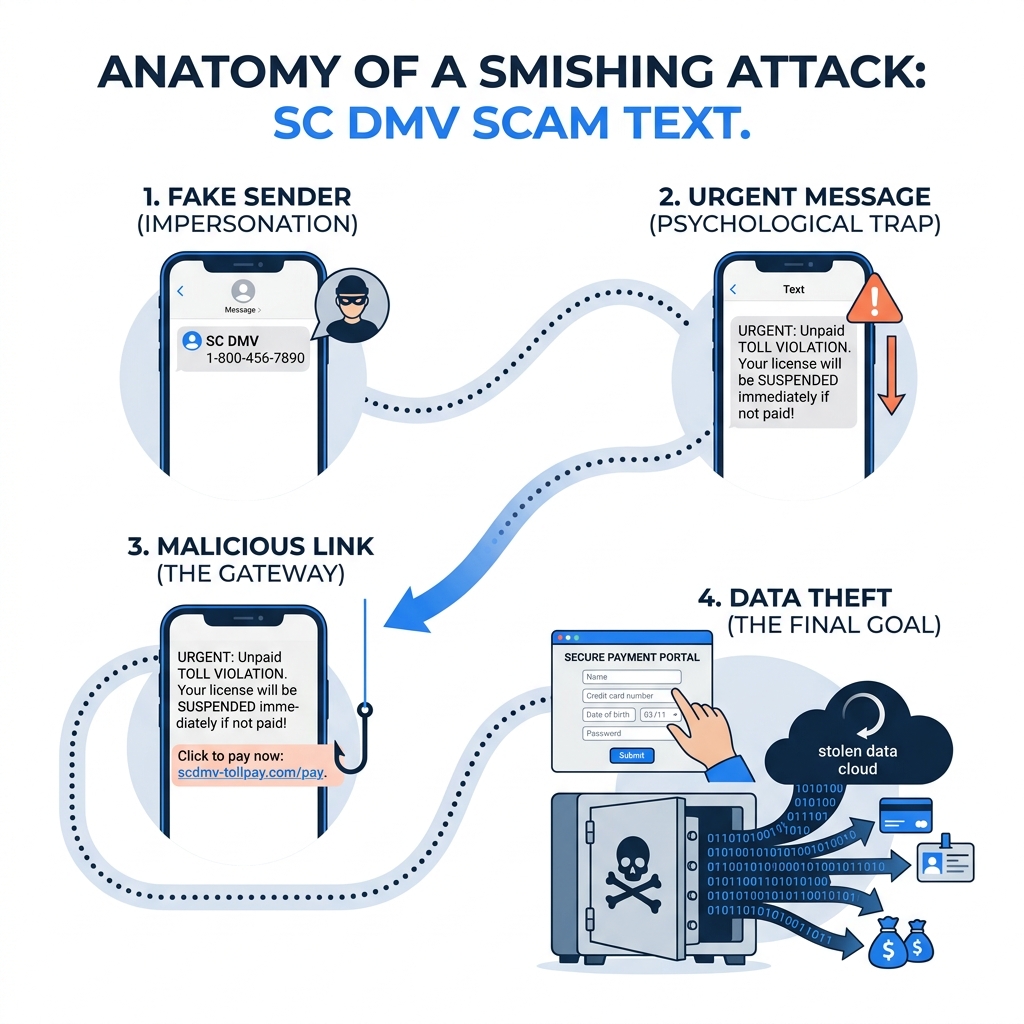 Anatomy of a smishing attack infographic showing fake sender, urgent message, malicious link, and data theft - SC DMV scam Anatomy of a smishing attack infographic showing fake sender, urgent message, malicious link, and data theft - SC DMV scam