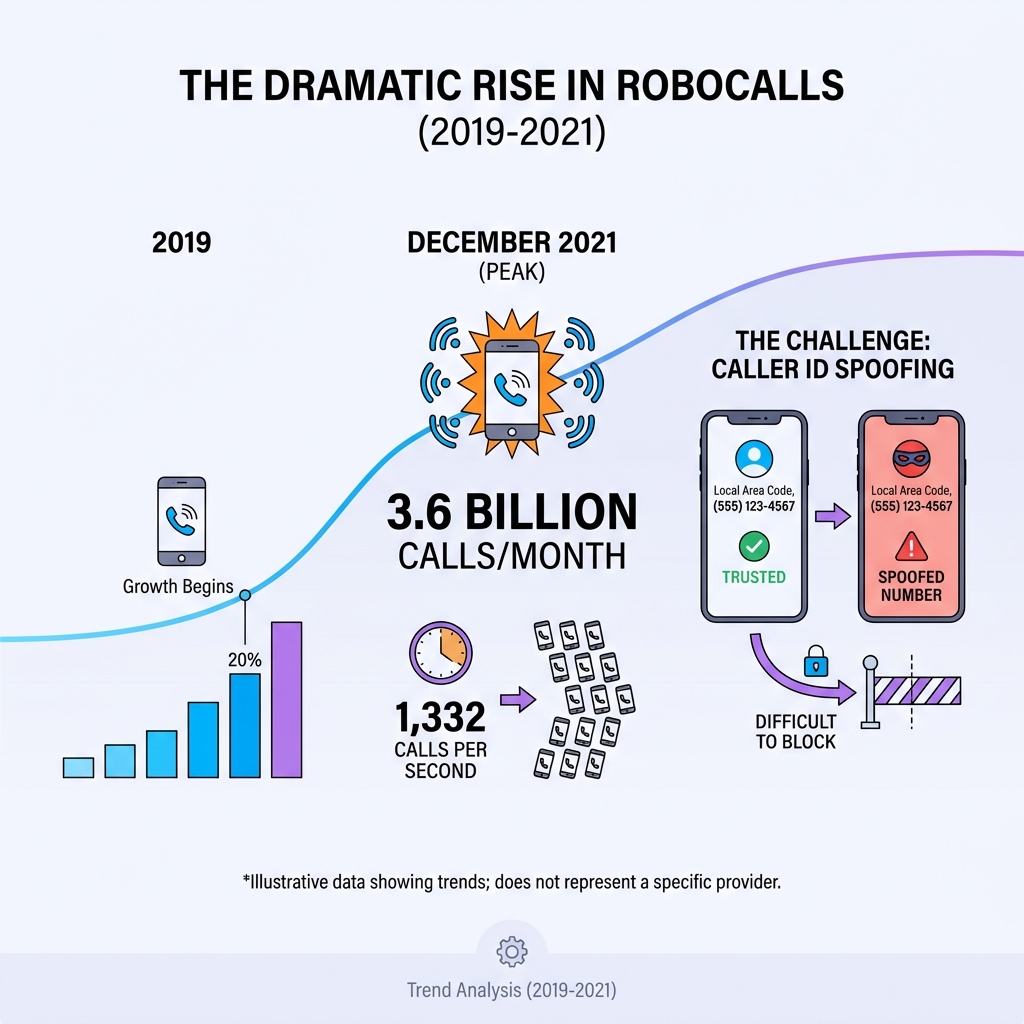 infographic showing the dramatic rise in robocalls from 2019 to 2021, with December 2021 reaching 3.6 billion calls per month, breaking down to 1,332 calls per second, and highlighting that sophisticated caller ID spoofing makes blocking difficult - spectrum spam calls infographic 