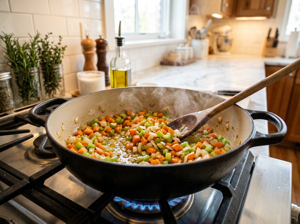 sautéing carrots, celery, and onions in a large pot - gluten free homemade chicken noodle soup