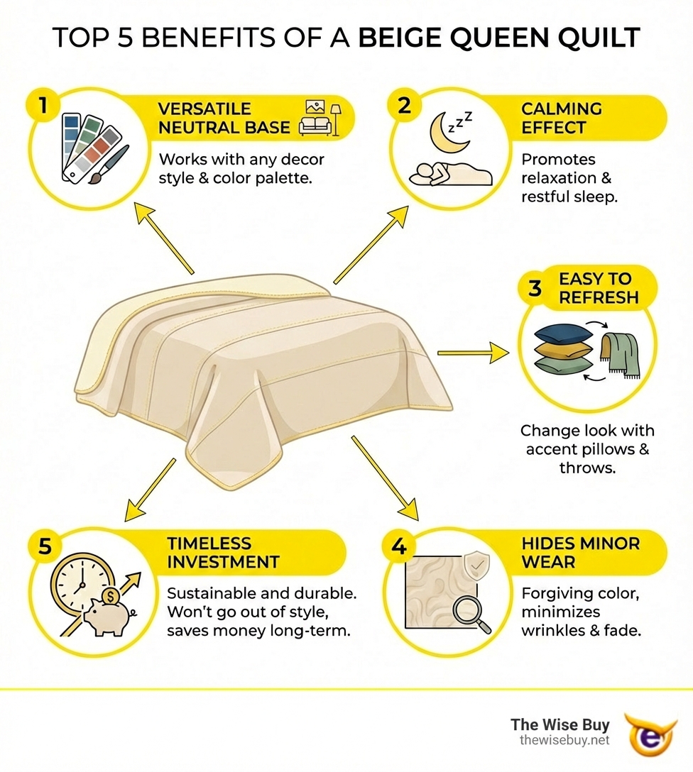 Infographic showing the top 5 benefits of choosing a beige queen quilt: 1. Versatile Neutral Base - works with any decor style and color palette, 2. Calming Effect - beige tones promote relaxation and restful sleep, 3. Easy to Refresh - change your room's look with accent pillows and throws, 4. Hides Minor Wear - forgiving color that doesn't show every wrinkle or fade, 5. Timeless Investment - won't go out of style, saving money long-term - beige queen quilt infographic Infographic showing the top 5 benefits of choosing a beige queen quilt: 1. Versatile Neutral Base - works with any decor style and color palette, 2. Calming Effect - beige tones promote relaxation and restful sleep, 3. Easy to Refresh - change your room's look with accent pillows and throws, 4. Hides Minor Wear - forgiving color that doesn't show every wrinkle or fade, 5. Timeless Investment - won't go out of style, saving money long-term - beige queen quilt infographic