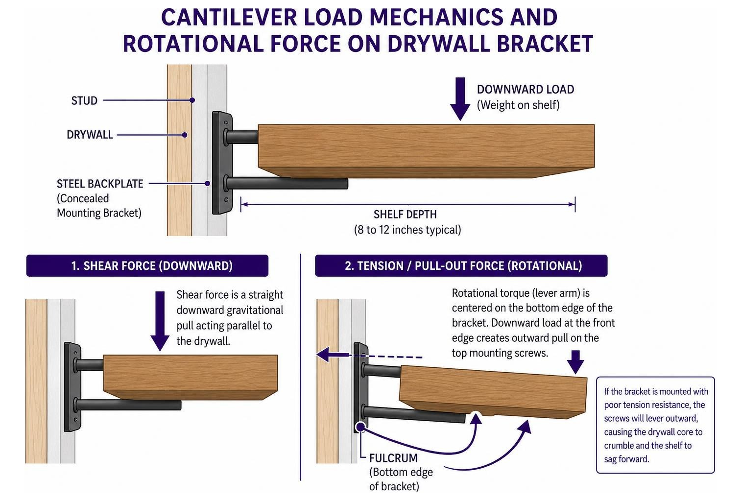 Cantilever load mechanics and rotational force on drywall bracket