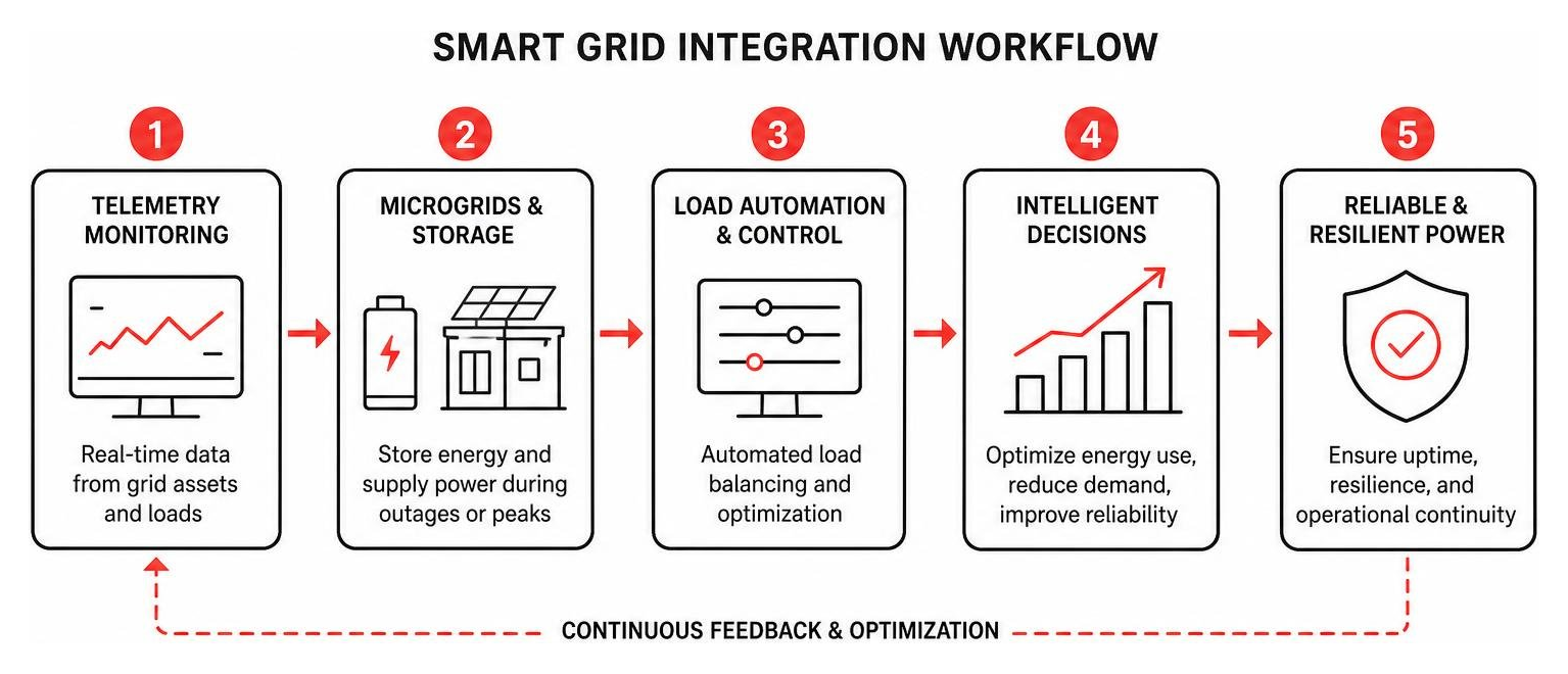 Smart grid integration workflow featuring telemetry, microgrids, and load automation
