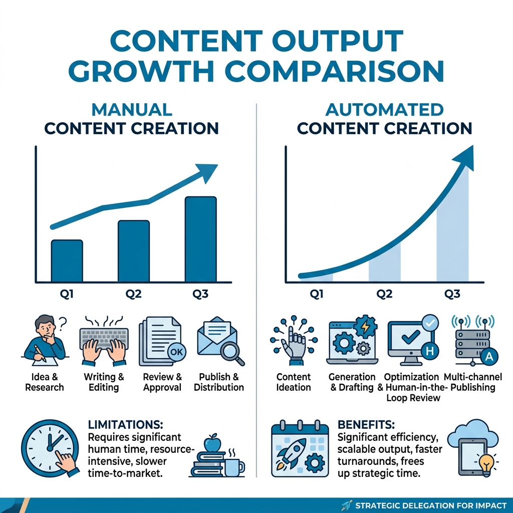 Comparison of manual vs automated content output growth - automatic content creation infographic Comparison of manual vs automated content output growth - automatic content creation infographic