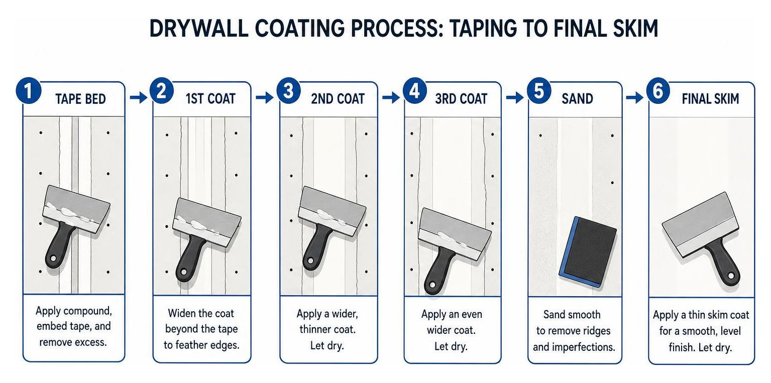 Diagram comparing step-by-step drywall coating process from taping to final skim Diagram comparing step-by-step drywall coating process from taping to final skim