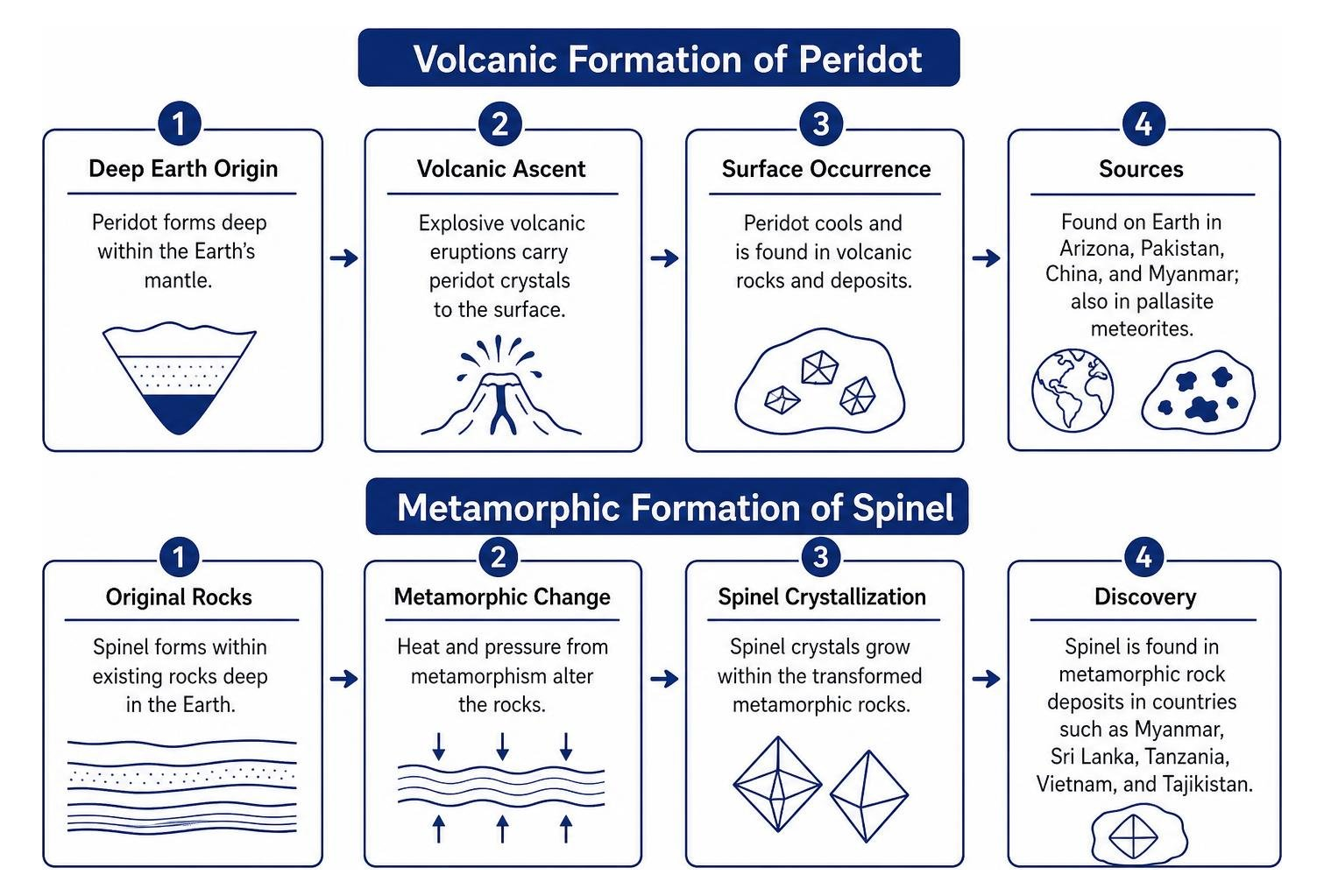 Geological formation process of volcanic peridot and metamorphic spinel