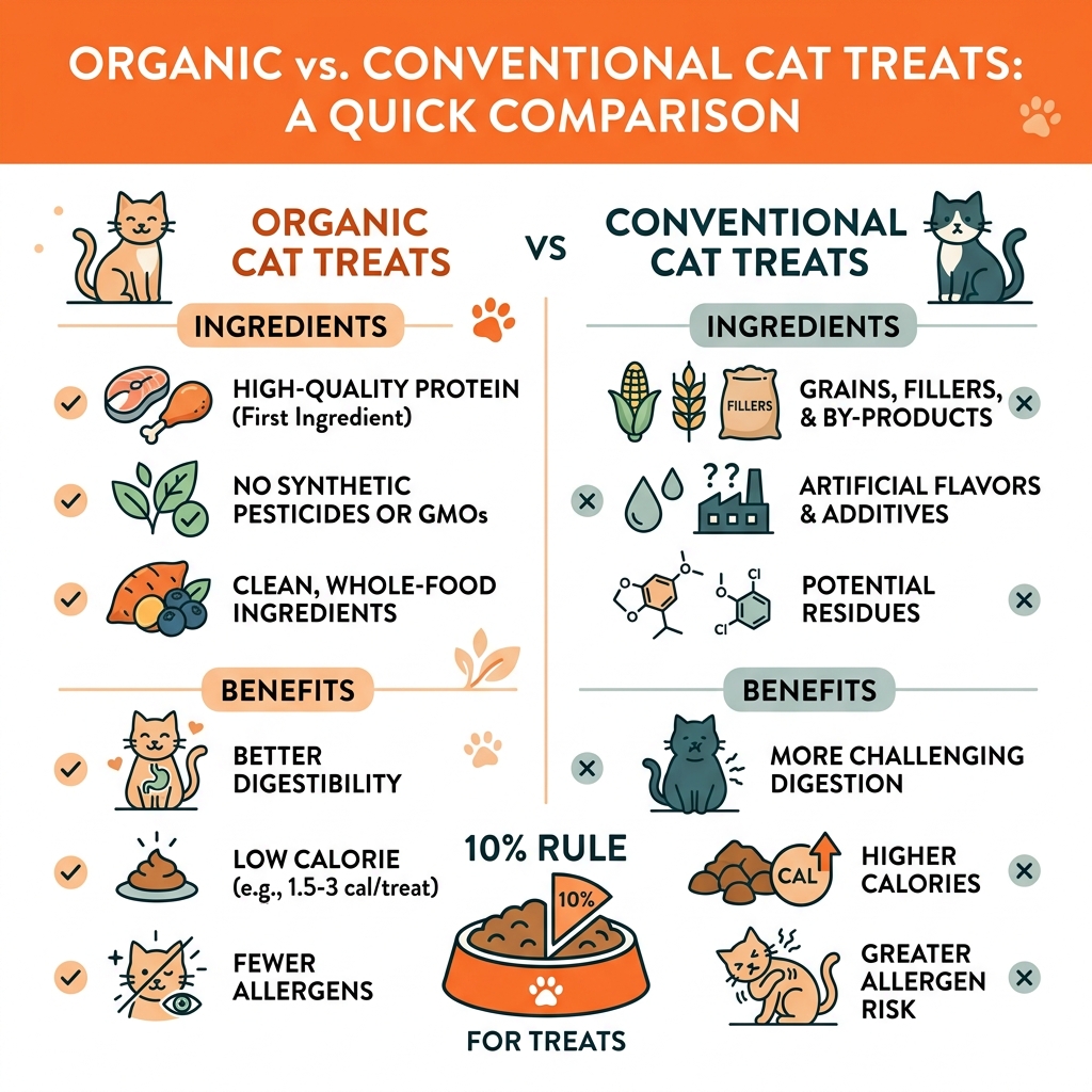 Infographic comparing organic vs conventional cat treat ingredients and benefits - cat treats organic infographic Infographic comparing organic vs conventional cat treat ingredients and benefits - cat treats organic infographic