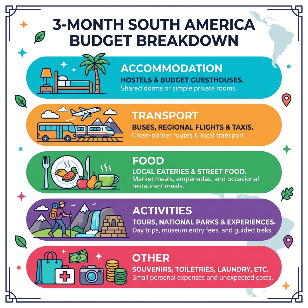 3-month South America budget breakdown by category: accommodation, transport, food, activities, other - budget travel south 3-month South America budget breakdown by category: accommodation, transport, food, activities, other - budget travel south