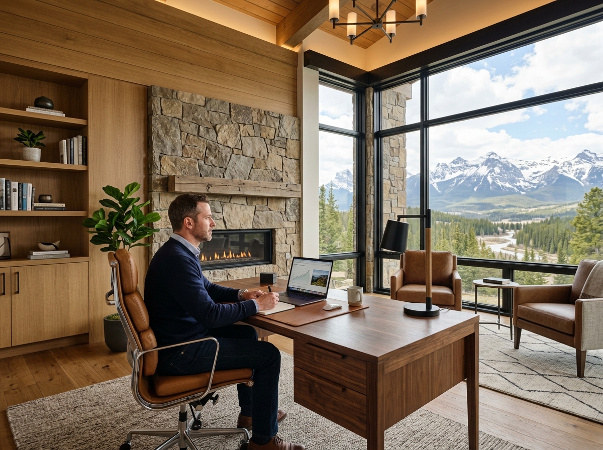 Customized home office with a leather executive chair and mountain views - High-end interior furnishings Customized home office with a leather executive chair and mountain views - High-end interior furnishings
