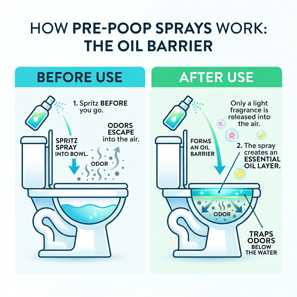 Infographic showing how pre-poop sprays trap odors under the toilet water surface using an oil barrier - best bathroom spray