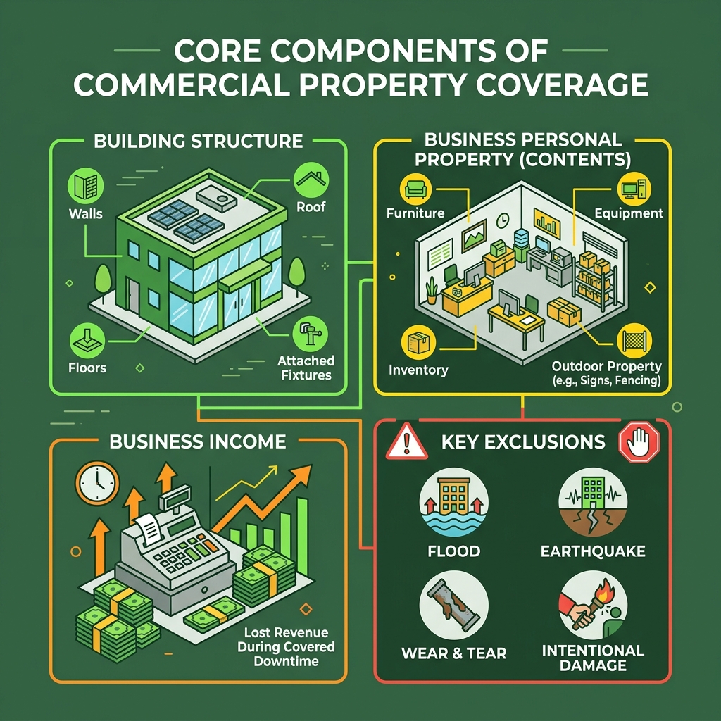 Core components of commercial property coverage: building, contents, business income, and key exclusions - commercial