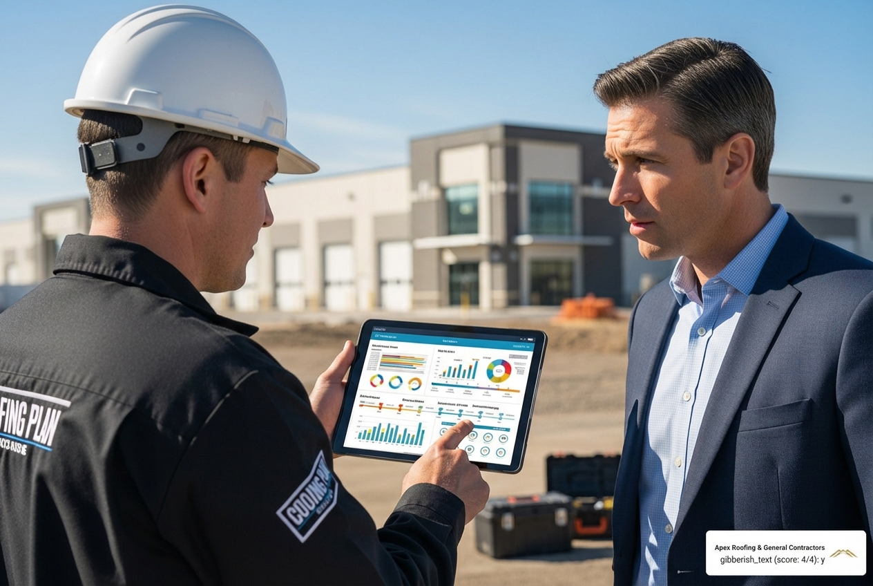A contractor showing a building manager a detailed roofing plan on a tablet, highlighting key features and timelines - commercial roof contractors near me
