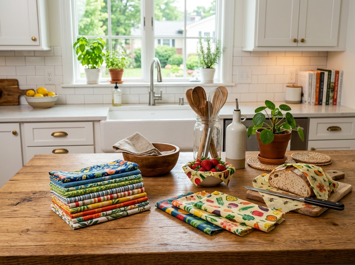 Colorful reusable cloth napkins and beeswax wraps arranged on a wooden kitchen counter - plastic free kitchen budget Colorful reusable cloth napkins and beeswax wraps arranged on a wooden kitchen counter - plastic free kitchen budget