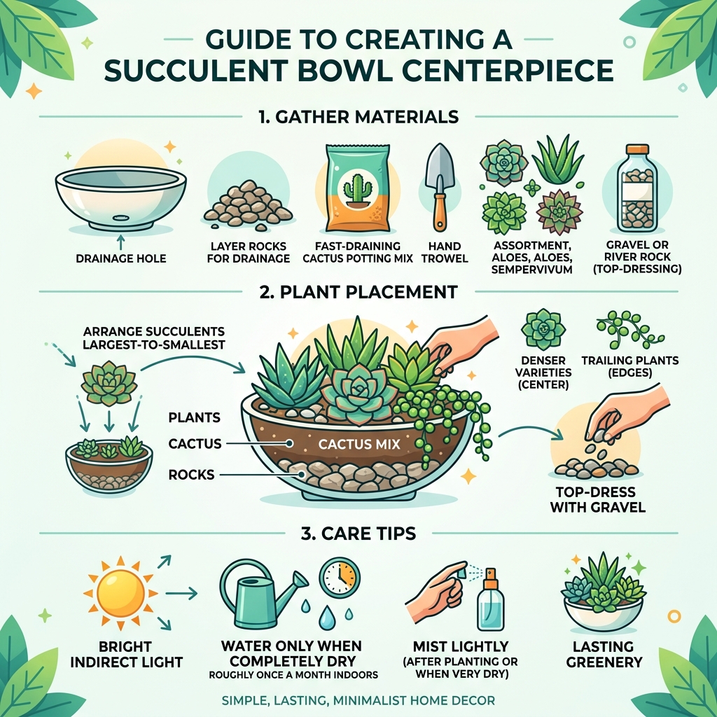 Steps to create a succulent bowl centerpiece with materials, plant placement, and care tips - succulent arrangement bowl