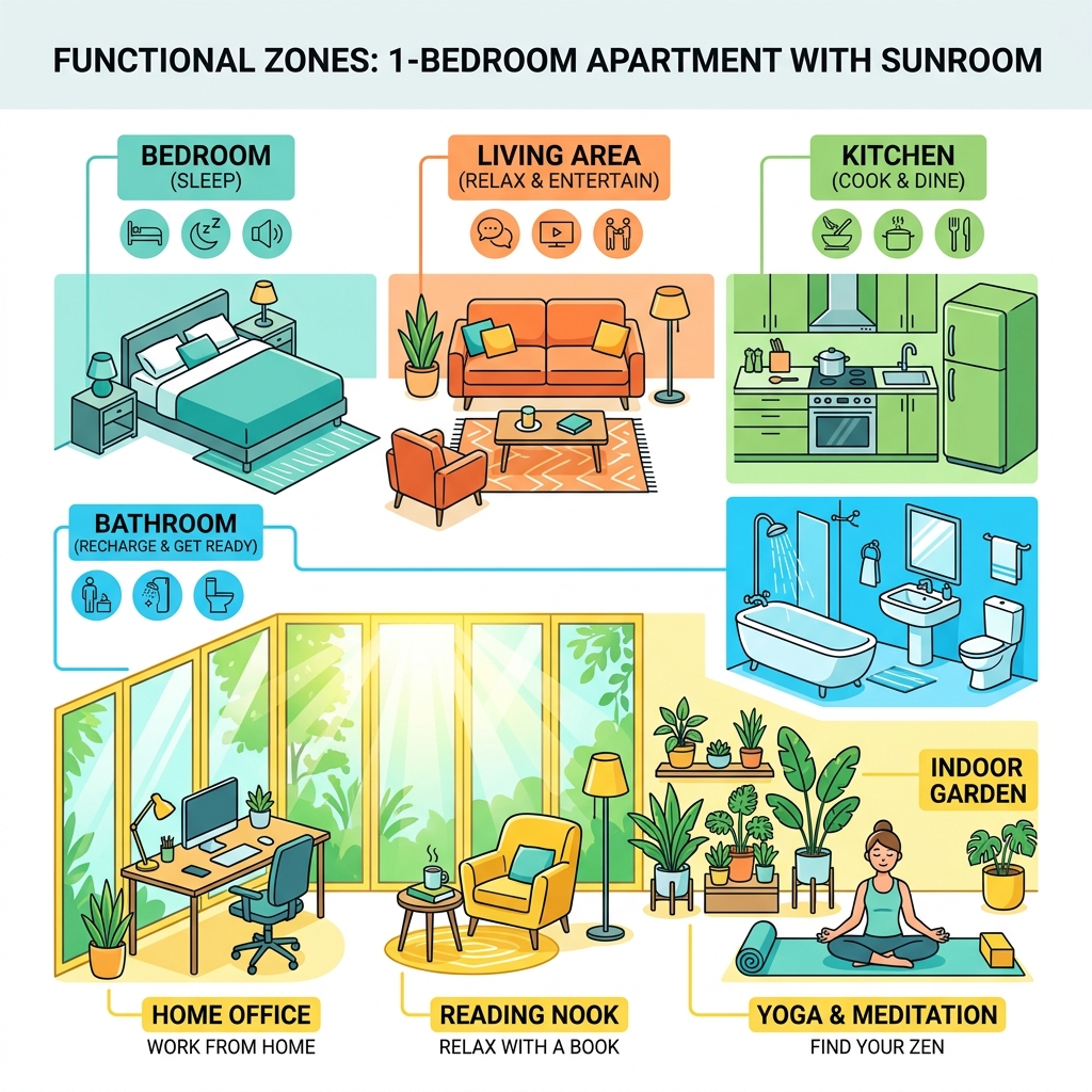 Infographic showing functional zones of a 1 bedroom apartment with sunroom: bedroom, living area, kitchen, bathroom, and Infographic showing functional zones of a 1 bedroom apartment with sunroom: bedroom, living area, kitchen, bathroom, and