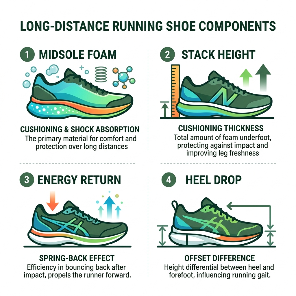 infographic showing long-distance running shoe components: midsole foam, stack height, energy return, heel drop - best