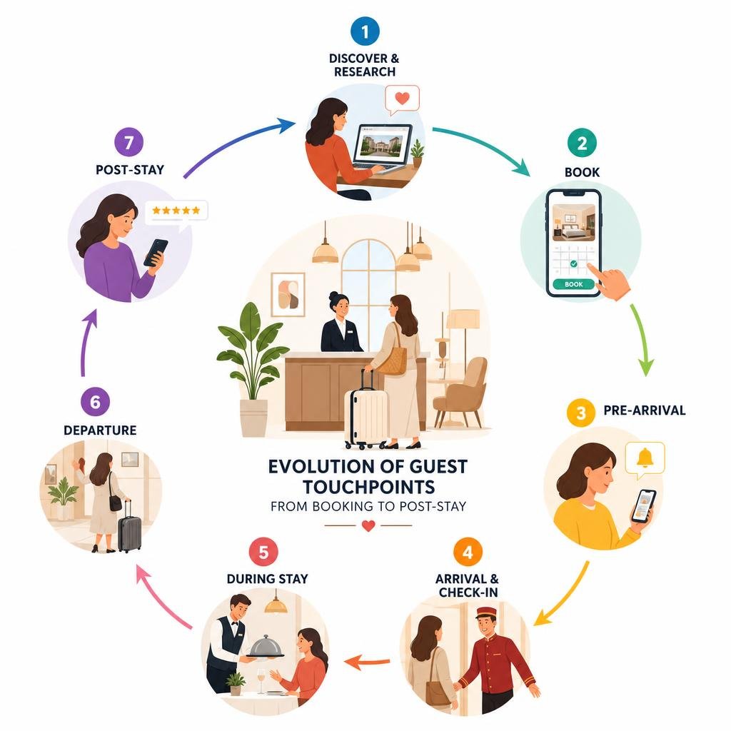 evolution of guest touchpoints from booking to post-stay infographic