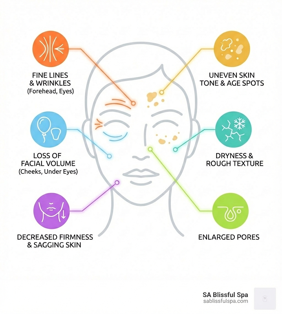 infographic showing the common signs of aging skin including fine lines and wrinkles on the forehead and around eyes, loss of facial volume in cheeks and under eyes, uneven skin tone and age spots, decreased firmness and sagging skin, dryness and rough texture, and enlarged pores - best skin treatment for aging skin infographic 