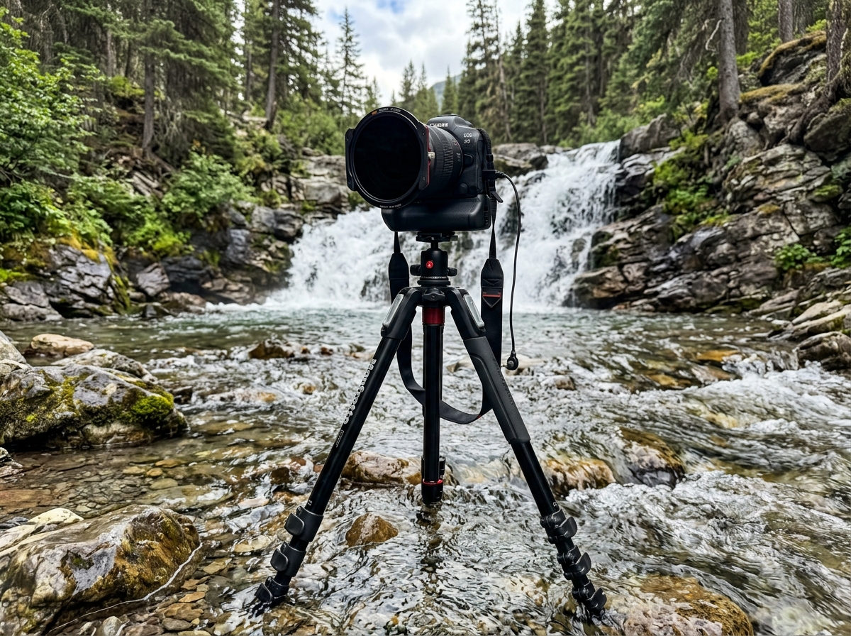 Professional camera setup with ND filters and a sturdy tripod in a river - long exposure water effects