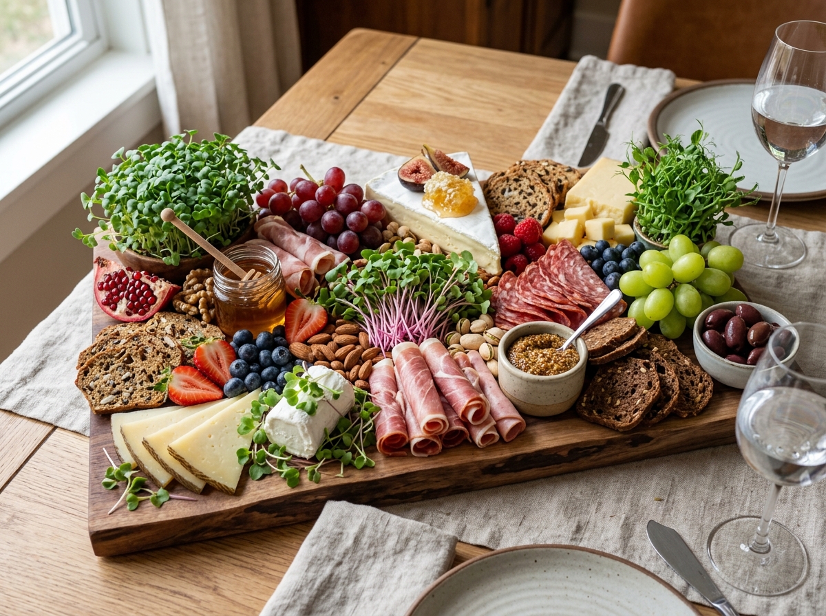 A beautifully styled microgreen charcuterie board with various meats, cheeses, and vibrant greens - best microgreens snack
