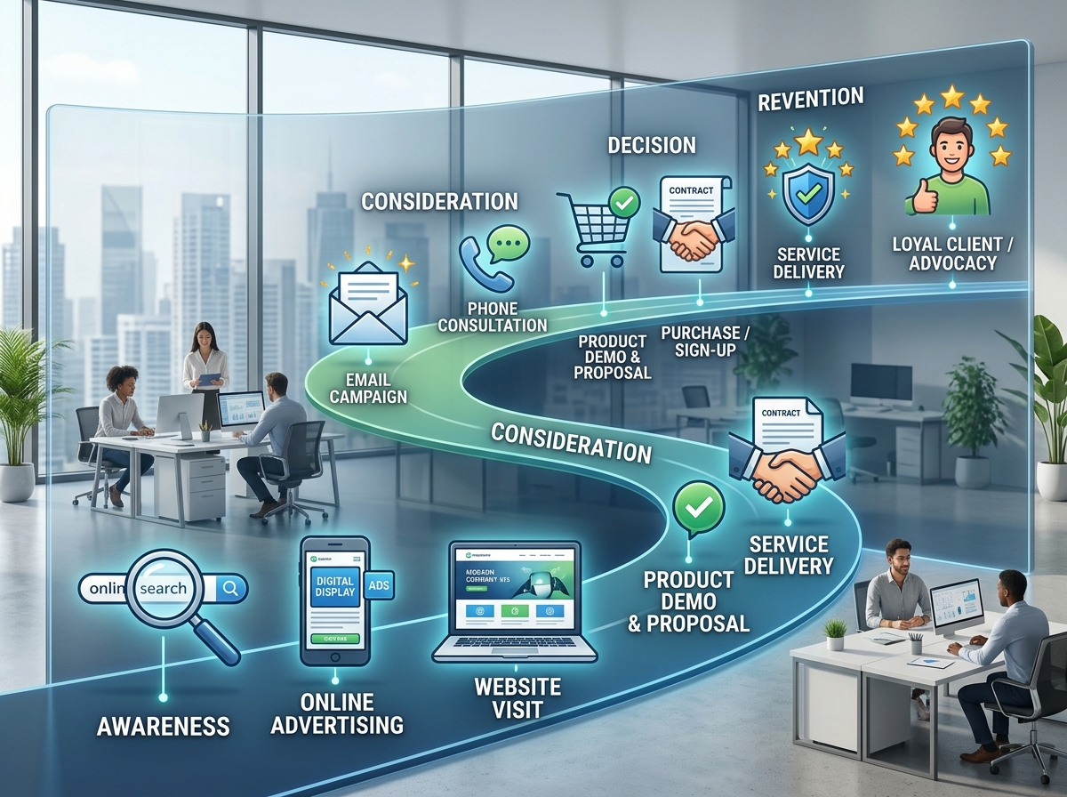 Map of a unified customer journey from first touch to loyal client - Unified marketing approach