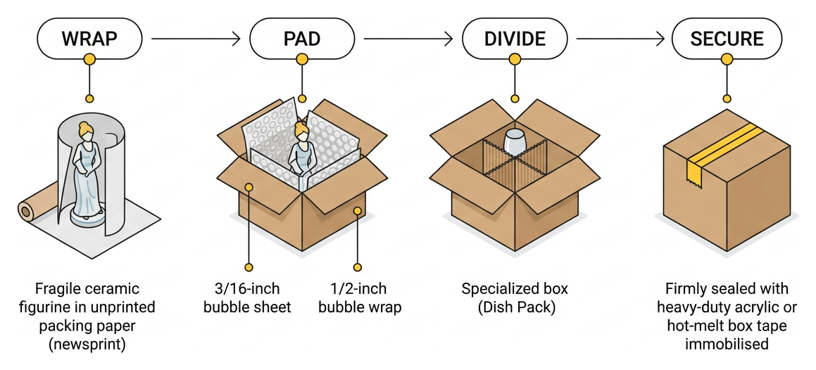 Step-by-step fragile item wrapping: wrap, pad, divide, secure Step-by-step fragile item wrapping: wrap, pad, divide, secure