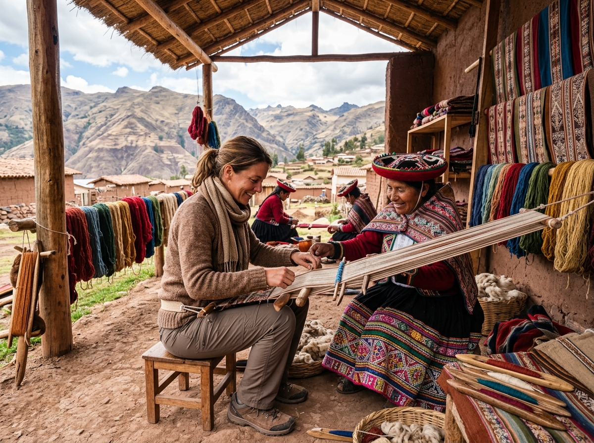 Solo traveler participating in a traditional weaving workshop in Chinchero, learning from Quechua artisans - cultural