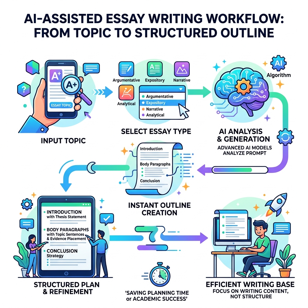 AI-assisted essay writing workflow from topic to structured outline - ai essay structure helper infographic 