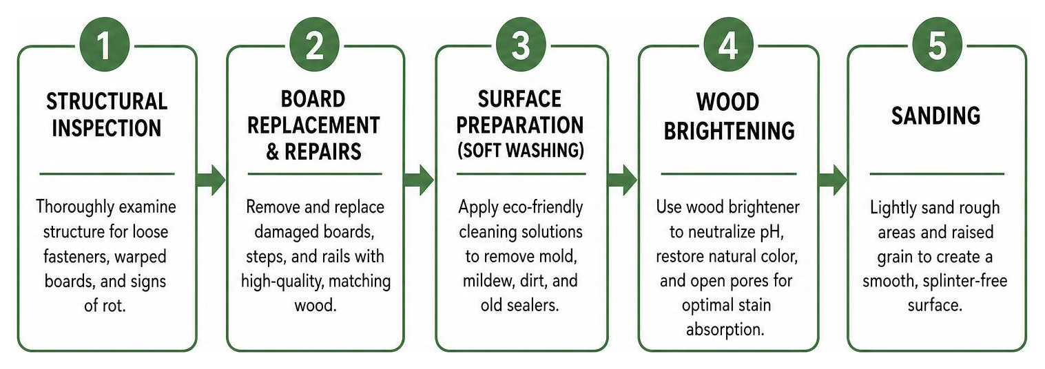 Step-by-step professional deck restoration process timeline