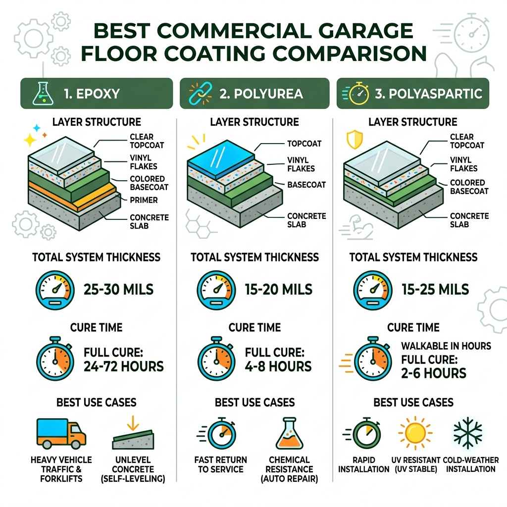 Comparison infographic showing epoxy, polyurea, and polyaspartic coating layers, thickness, cure times, and best use cases Comparison infographic showing epoxy, polyurea, and polyaspartic coating layers, thickness, cure times, and best use cases
